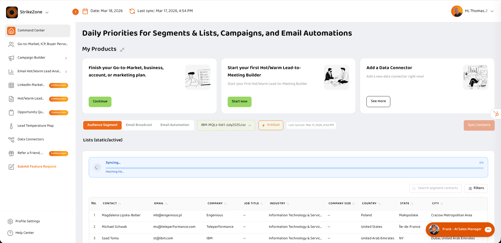 StrikeZone AI-native Go-to-Market platform dashboard showing campaign builder, ICP builder, and pipeline analytics